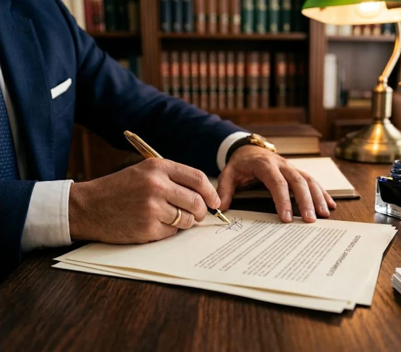 Abogado redactando a mano las cláusulas de un contrato de arrendamiento
