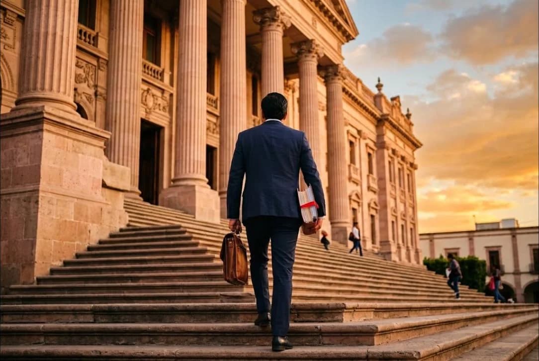 Abogado subiendo las escaleras del palacio de justicia con el expediente