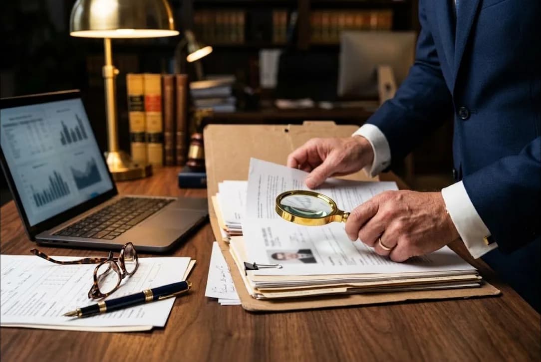 Abogado revisando con lupa los documentos de un posible inquilino
